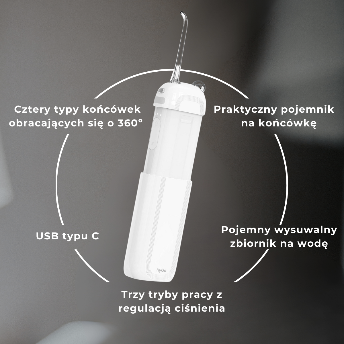 Mały kompaktowy irygator do mycia zębów i higieny jamy ustnej. Praktyczny pojemnik na końcówkę. Pojemny wysuwalny zbiornik na wodę. Trzy tryby pracy z regulacją ciśnienia. USB typu C. Cztery typy końcówek obracających się 360 stopni. Nowoczesny design.